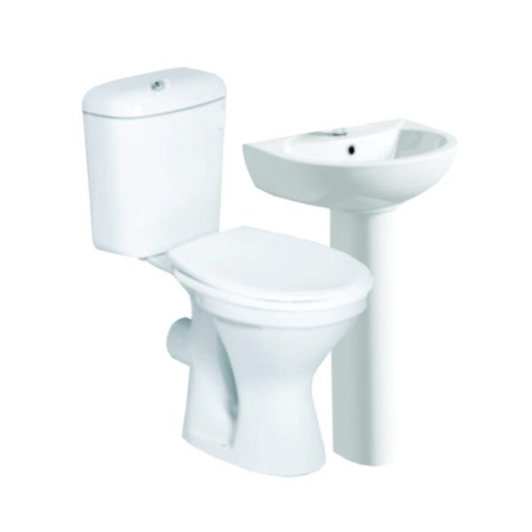 White Bathroom Set - Basin, Pedestal & White Top Flush Toilet